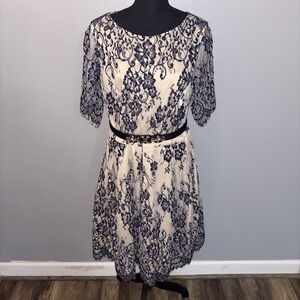 Eliza J Blue Ivory Lace Fit & Flare Dress Women's Size 14 Beaded Belt‎ Wedding